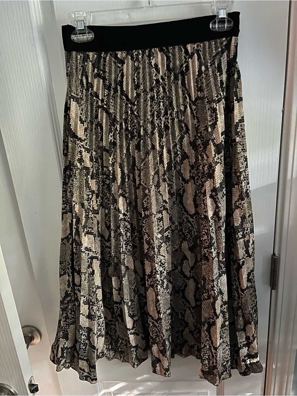 H&M Pleated Snake Print Midi Skirt in Black and Tan
